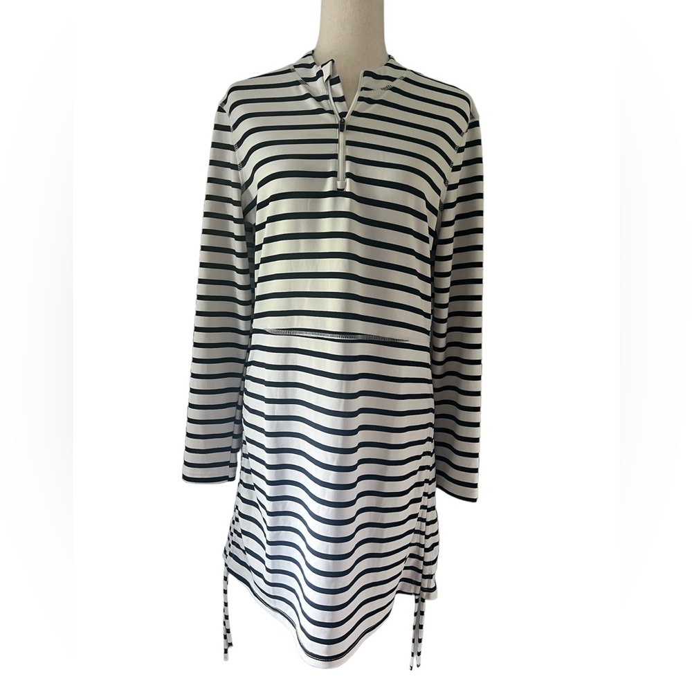 Caya Costa NWT Black Striped Ruched Dress long sleeve  size‎ Large coastal